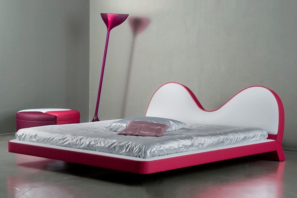 Platform Bed Curved Headboard Grey Pink Accents Futuristic Style