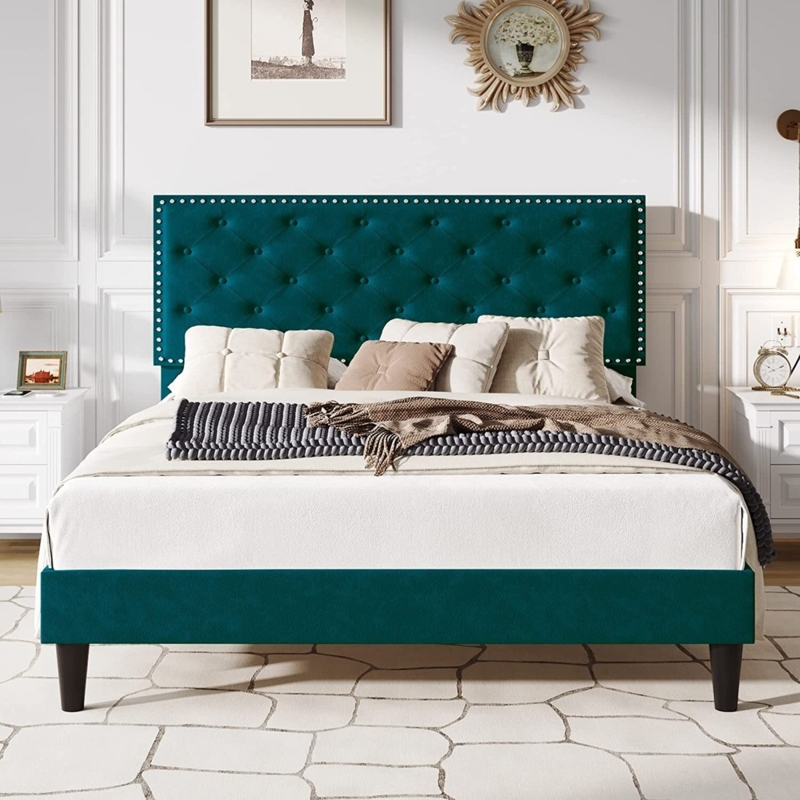 Platform Bed Diamond Button Tufted Gold Tapered Legs Velvet