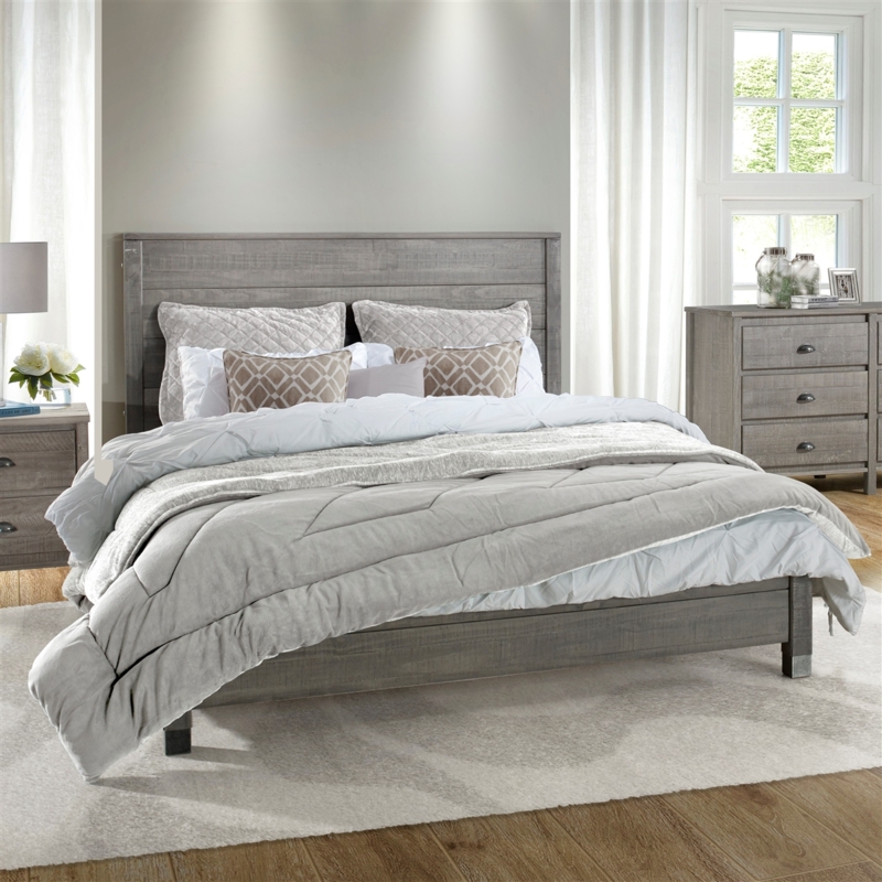 Platform Bed Driftwood Grey Finish Weathered Paneled Headboard