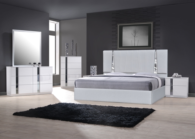 Platform Bed Exotic Wood Grain Grey Upholstered Headboard