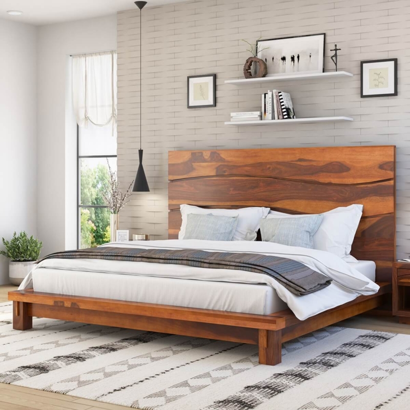 Platform Bed Extra Tall Paneled Headboard Warm Wood Minimalist Style