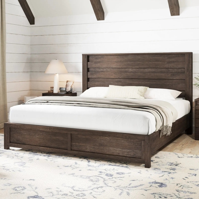Platform Bed featuring Fluted Headboard in Rustic Grey Wood Grain