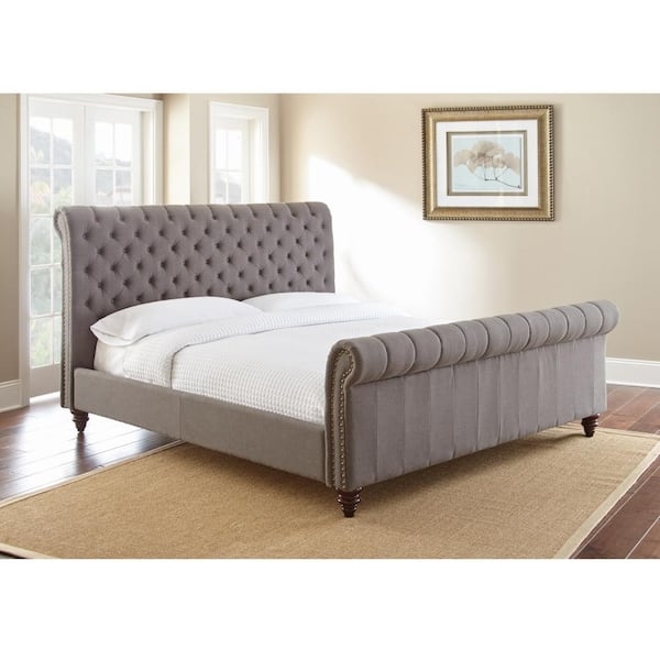Platform Bed featuring Gray Wood Frame and Nailhead Trim