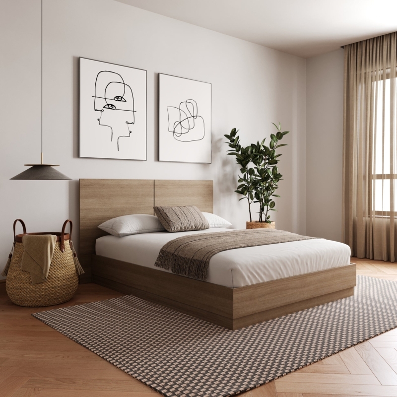 Platform Bed featuring Slatted Headboard in Brown Oak Finish
