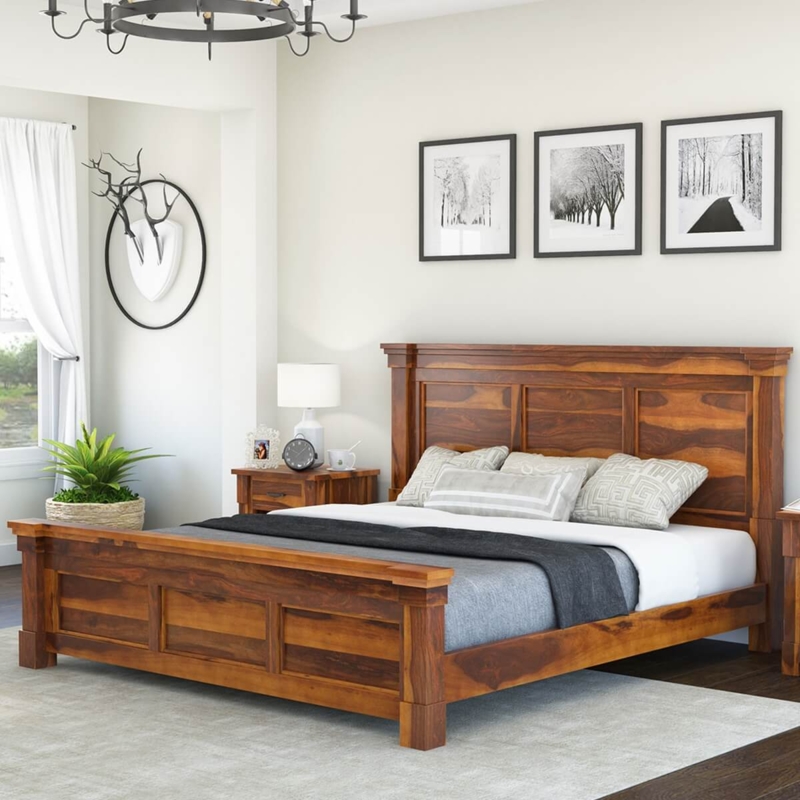 Platform Bed featuring Wood Chevron Patterned Headboard in Warm Brown