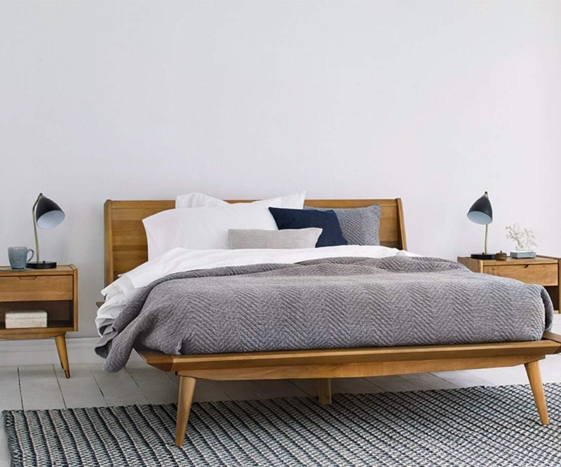 Platform Bed Flat Wood Headboard, Tapered Legs. Scandinavian Minimalist Inspiration.