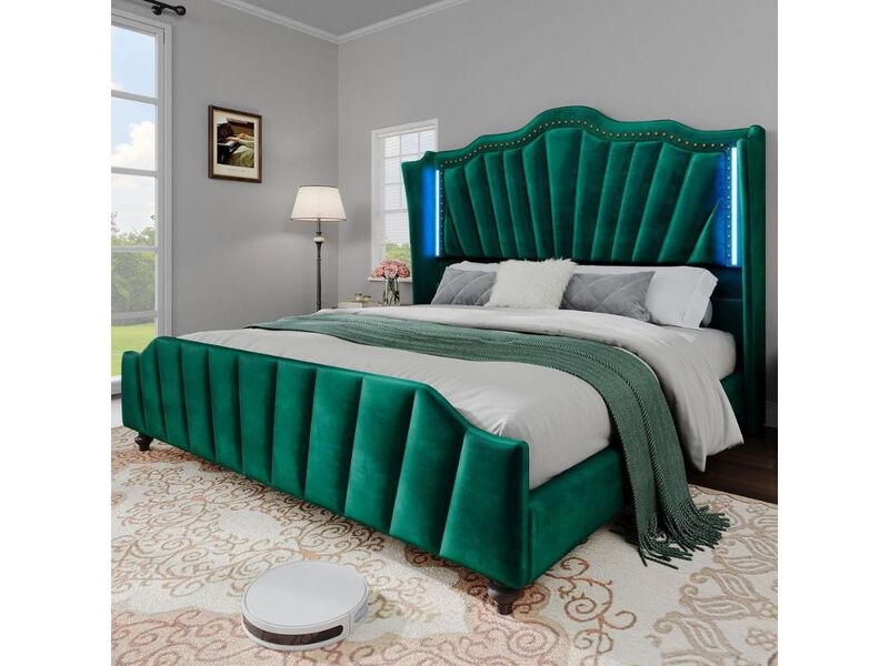 Platform Bed Forest Green Velvet Tall Wingback LED Lighting