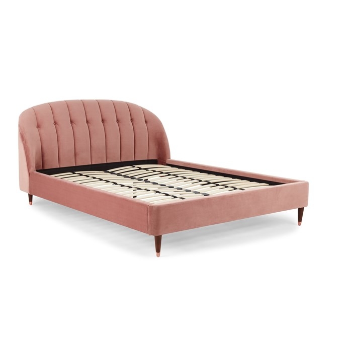 Platform Bed Frame Curved Headboard Copper Tipped Legs Blush Velvet