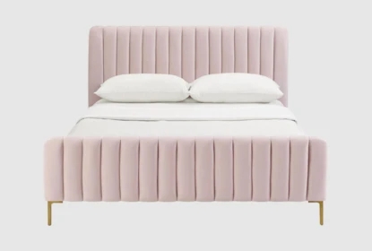 Platform Bed Frame Scalloped Headboard Petal Silhouette Blush Velvet