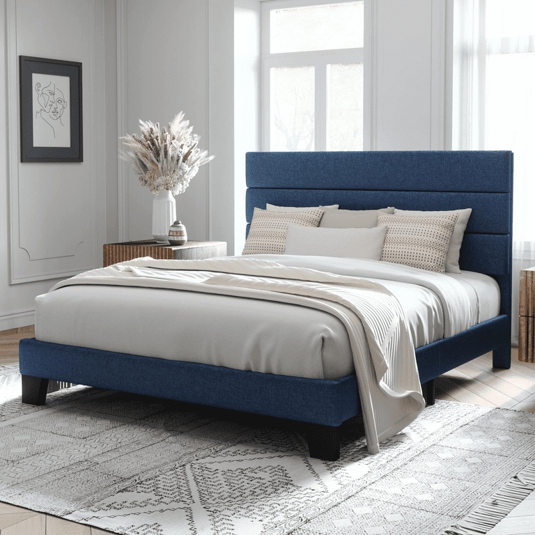 Platform Bed Geometric Diamond Tufting Linen Like Fabric Navy Blue