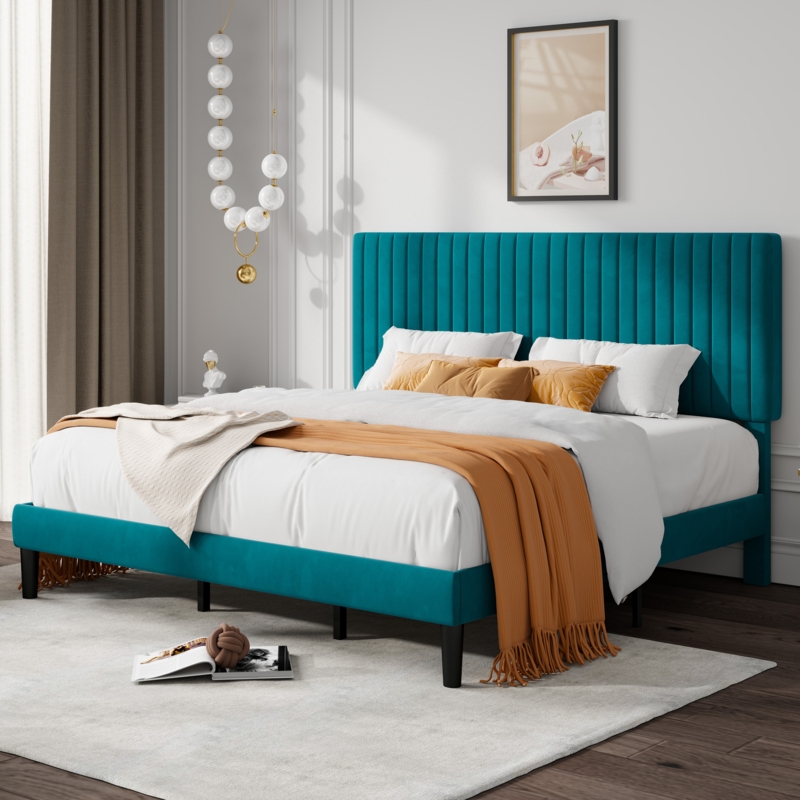 Platform Bed Gold Metal Legs Vertical Channel Tufting Velvet