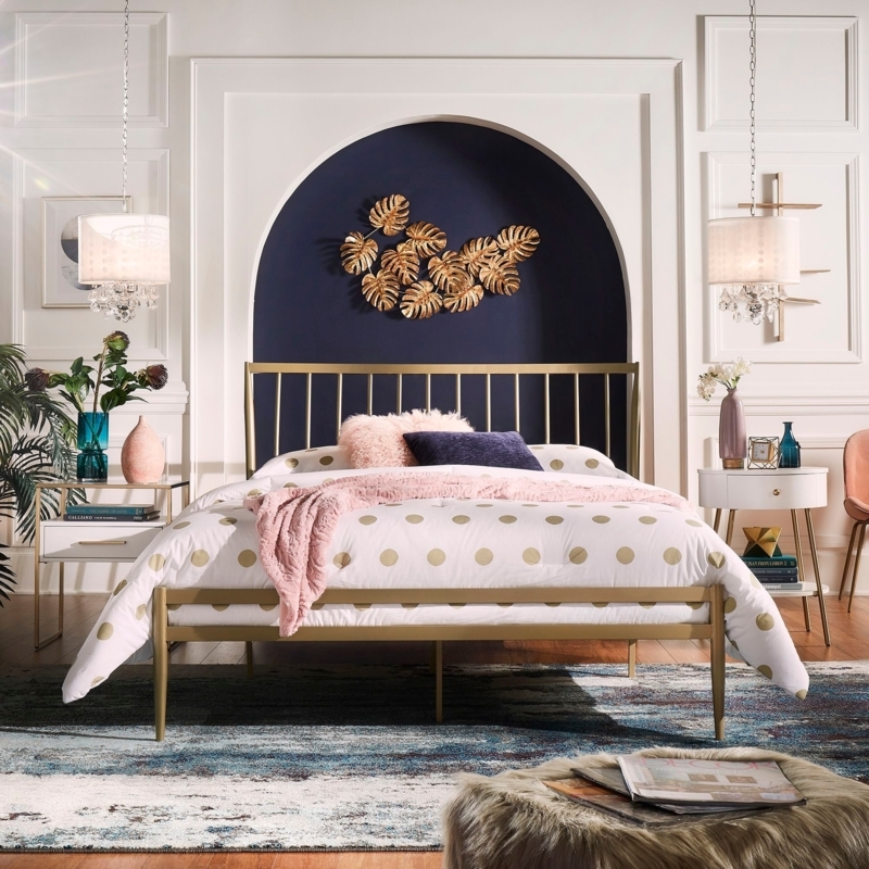 Platform Bed Gold Metal Spindles Rounded Corners Mid-Century Style