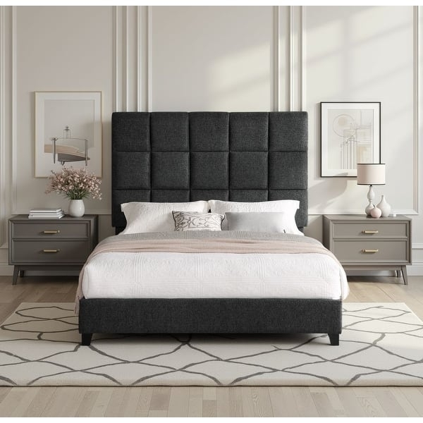 Platform Bed Granite Grey Tall Square Headboard Upholstered