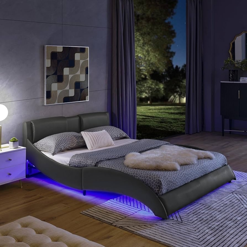 Platform Bed Gray Leather-Like LED Lighting Low Profile Modern