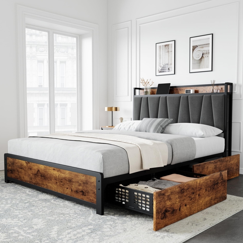 Platform Bed, Gray Linen-Like with Channel Tufting & USB Ports