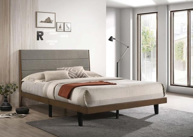 Platform Bed Gray Upholstered Channeled Headboard Minimalist Design