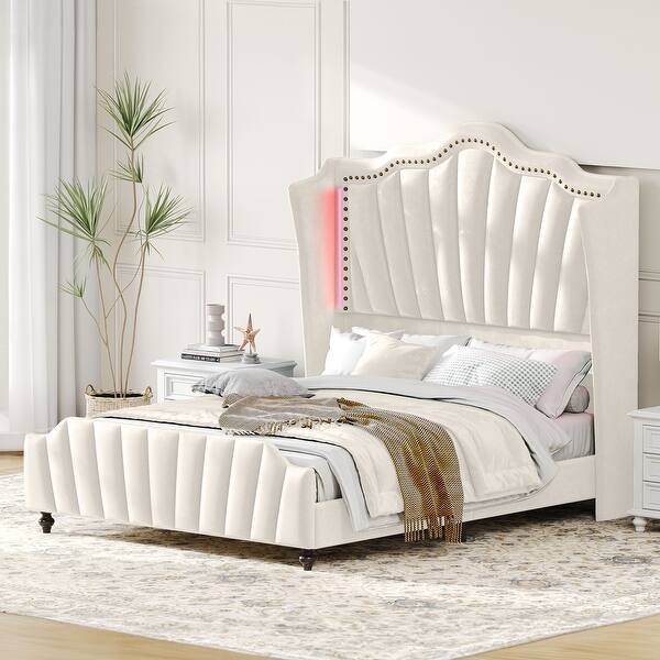 Platform Bed Gray Velvet with Gold Toned Legs and LED Lighting