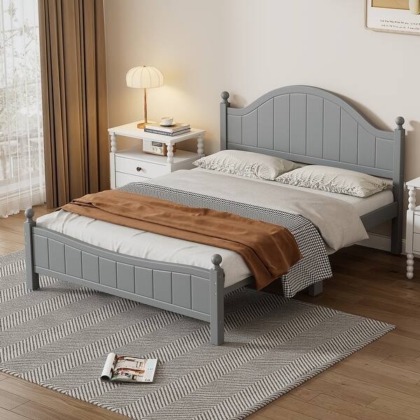 Platform Bed Grey Finish Slatted Headboard Footboard Wood Toned