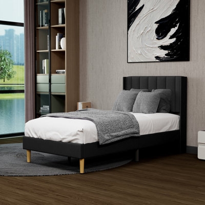 Platform Bed Grey Upholstered Channel Tufted Wingback Headboard