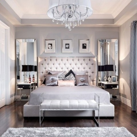 Platform Bed Grey Upholstered Oversized Wall Mirrors Symmetrical Glam