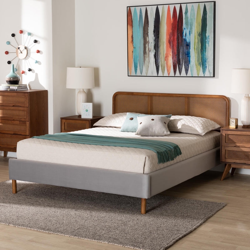 Platform Bed Grey Velvet Upholstery Tapered Walnut Legs Mid-Century