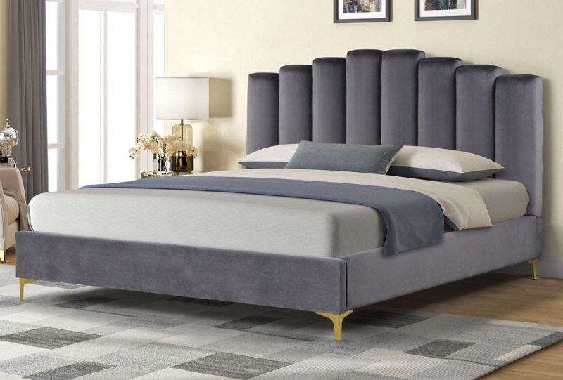 Platform Bed Grey Velvet Vertical Channel Tufting Gold Metal Legs
