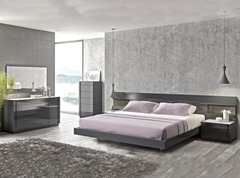 Platform Bed High Gloss Grey Lacquer with LED Lighting Walnut Accents