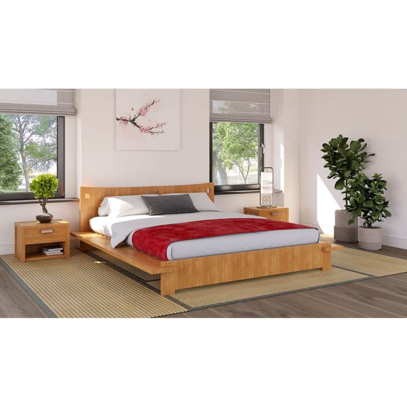 Platform Bed Honey Oak Finish Low Profile Japanese Zen Minimalism