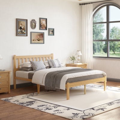 Platform Bed Honey Wood Slatted Headboard Tapered Legs Open Base