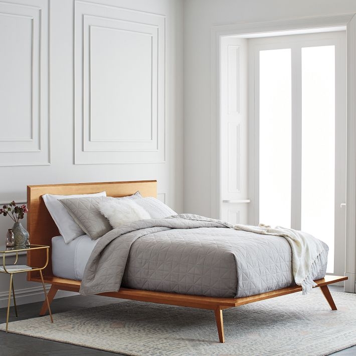 Platform Bed in Acorn Finish with Tapered Legs and Slanted Headboard