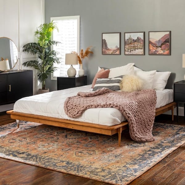 Platform Bed in Caramel Finish Spindle Headboard, Mid-Century Modern
