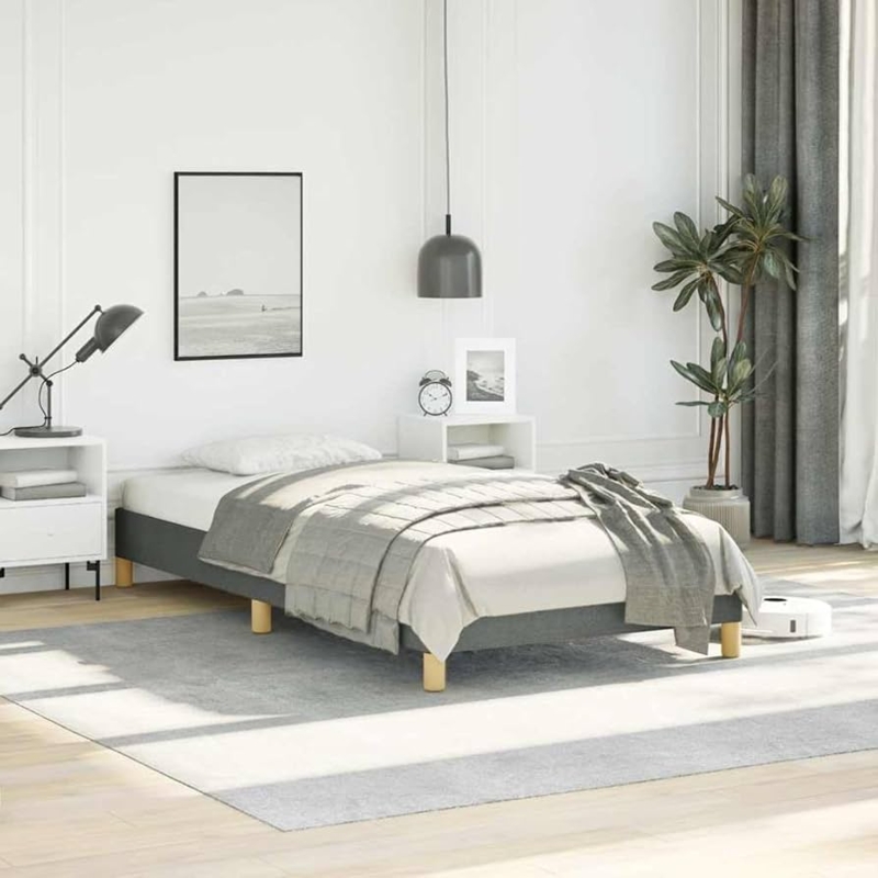 Platform Bed in Dark Grey Upholstery with Wooden Legs