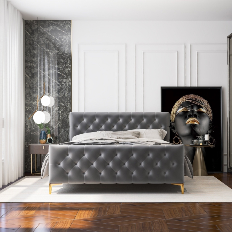 Platform Bed in Dark Grey Velvet with Channel Tufted Headboard