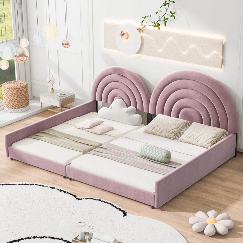 Platform Bed in Deep Pink Velvet with Semicircular Headboard