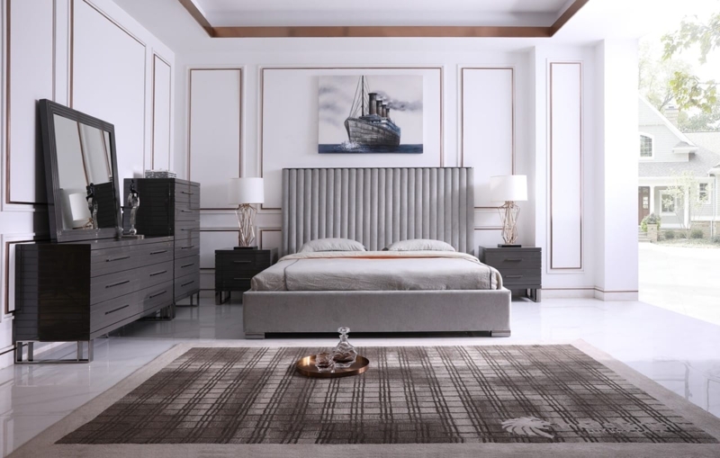 Platform Bed in Grey Velvet with Silver Metallic Accents Glam Style