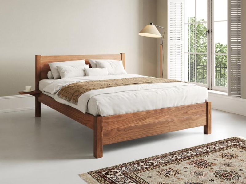 Platform Bed in Honey Finish with Slatted Headboard Minimalist Concept