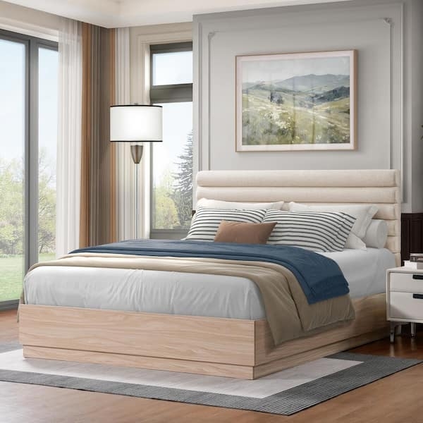Platform Bed in Scandinavian Style with Natural Wood Frame and Boucle