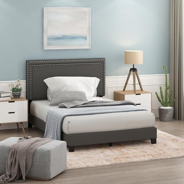 Platform Bed in Stone Gray Fabric with Double Row Nailhead Trim