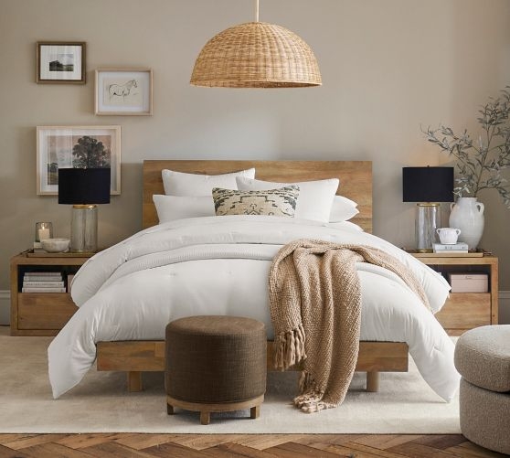 Platform Bed in Warm Black Finish with Minimalist Low Profile Silhouette.