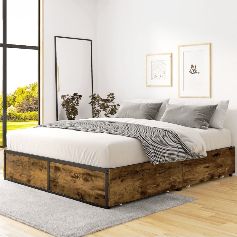 Platform Bed Industrial Storage With XL Drawers Wood And Metal Frame