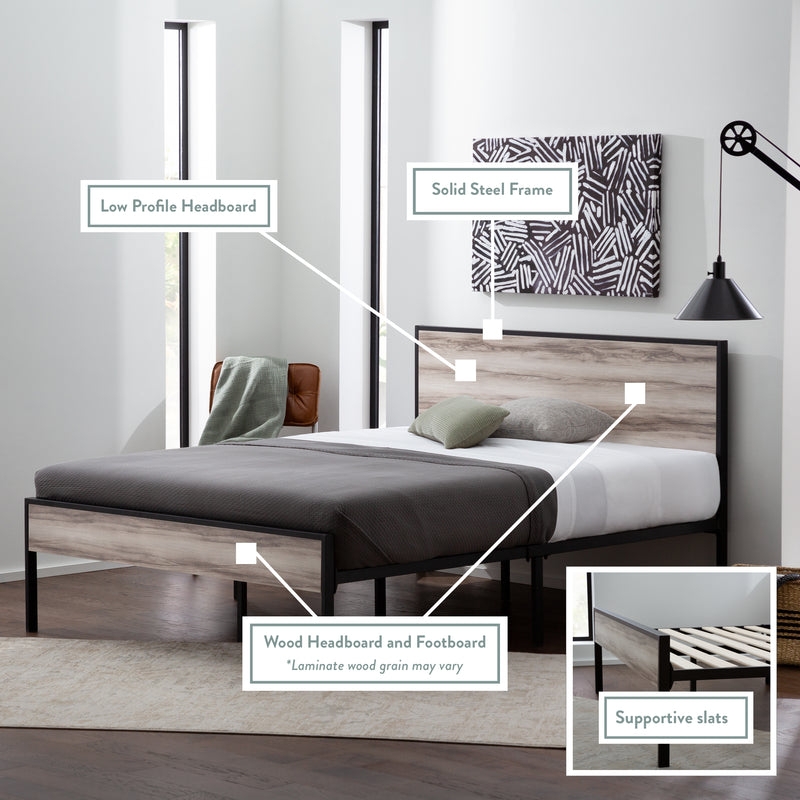 Platform Bed Industrial Wood Grain Headboard Metal Frame Slat Base