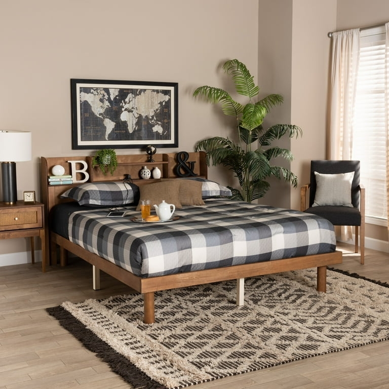 Platform Bed Integrated Charging Station Tufted Headboard Walnut