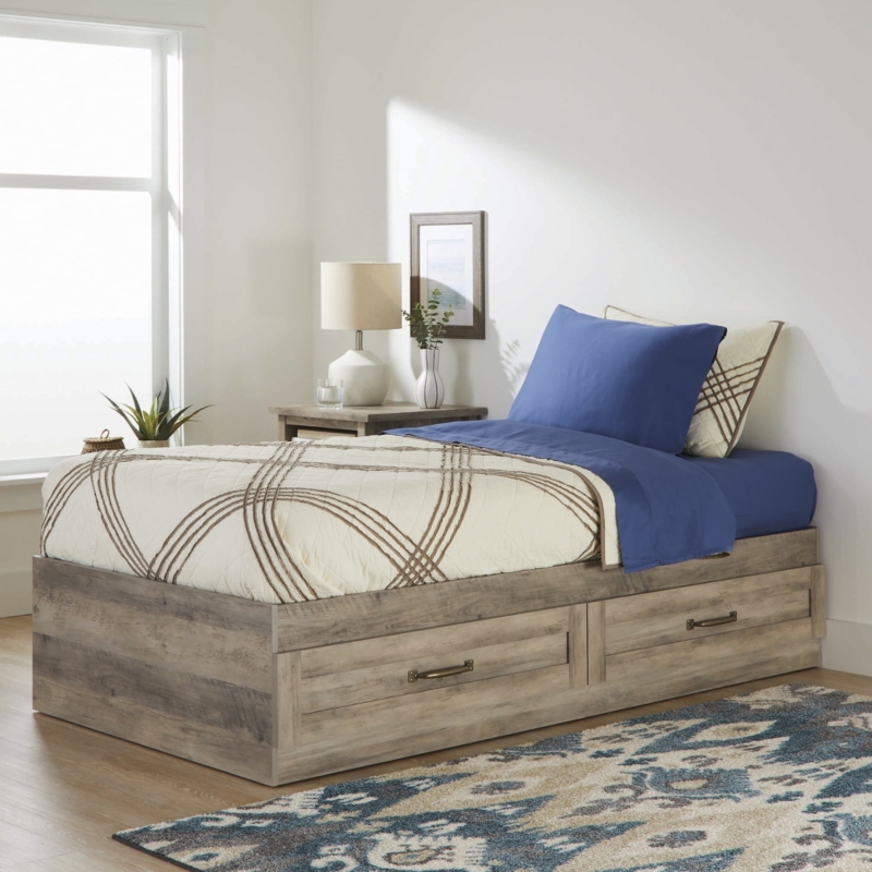 Platform Bed Integrated Drawers Rustic Gray Finish, Gray Platform Bed