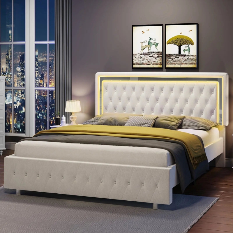 Platform Bed Integrated LED Lights Winged Channel Tufted