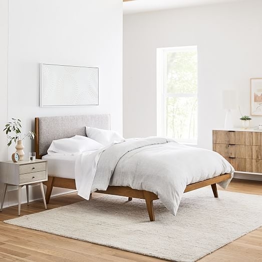 Platform Bed Integrated Nightstand, Navy Accent Wall. Scandinavian Style.