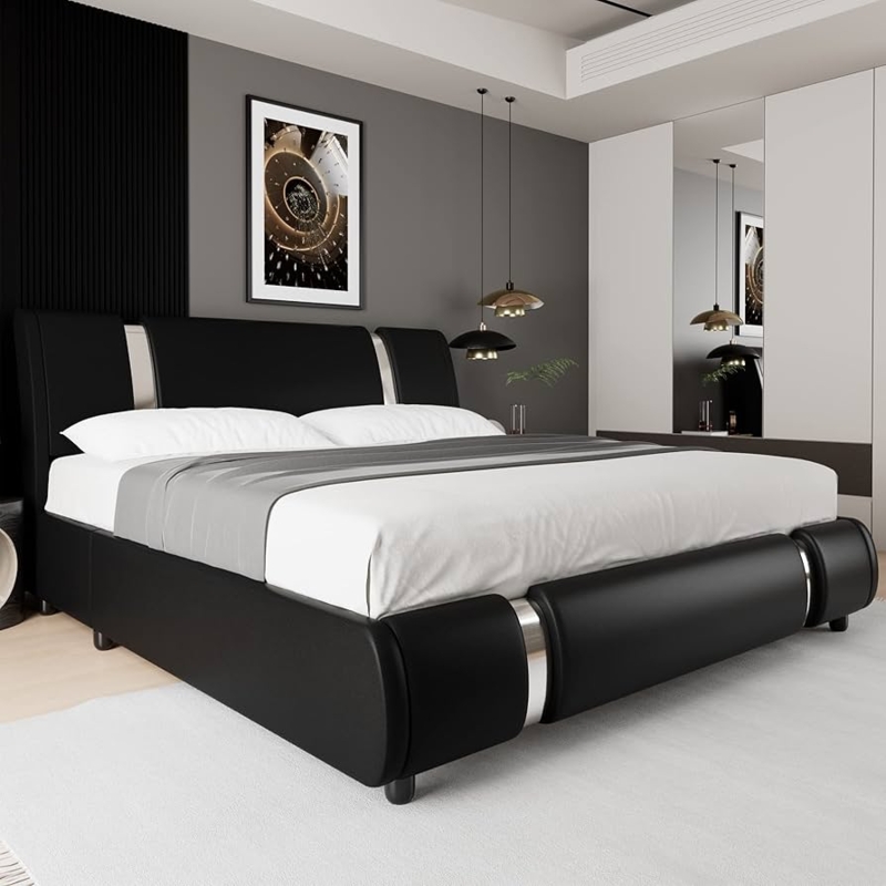 Platform Bed Iron Metal Decor Curved Wingback Headboard Modern