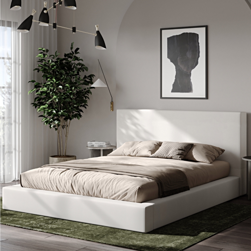 Platform Bed Ivory Linen Look Three Panel Channel Tufting Contemporary