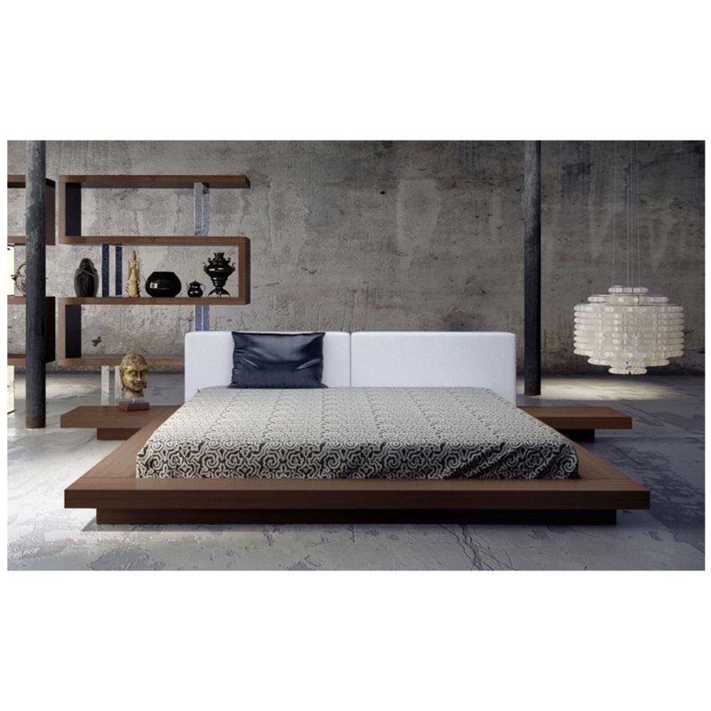 Platform Bed Japanese Modern Wide Upholstered Headboard Wood Frame