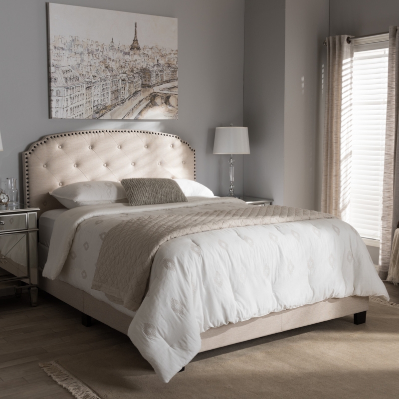 Platform Bed Light Beige Fabric Mid-Century Modern with Tapered Legs