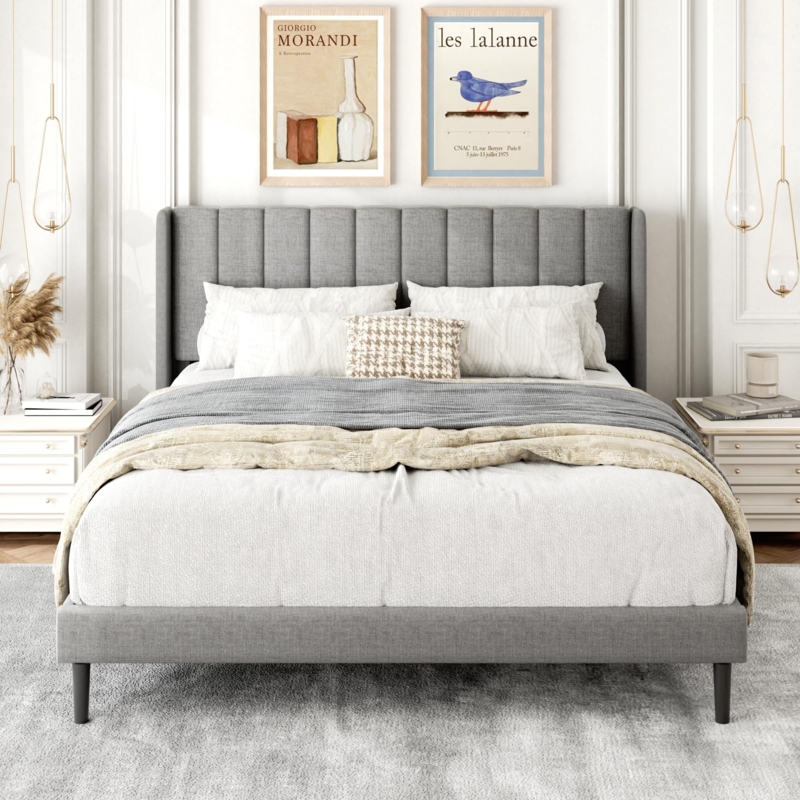 Platform Bed Light Gray Vertical Channel Tufting Low Profile